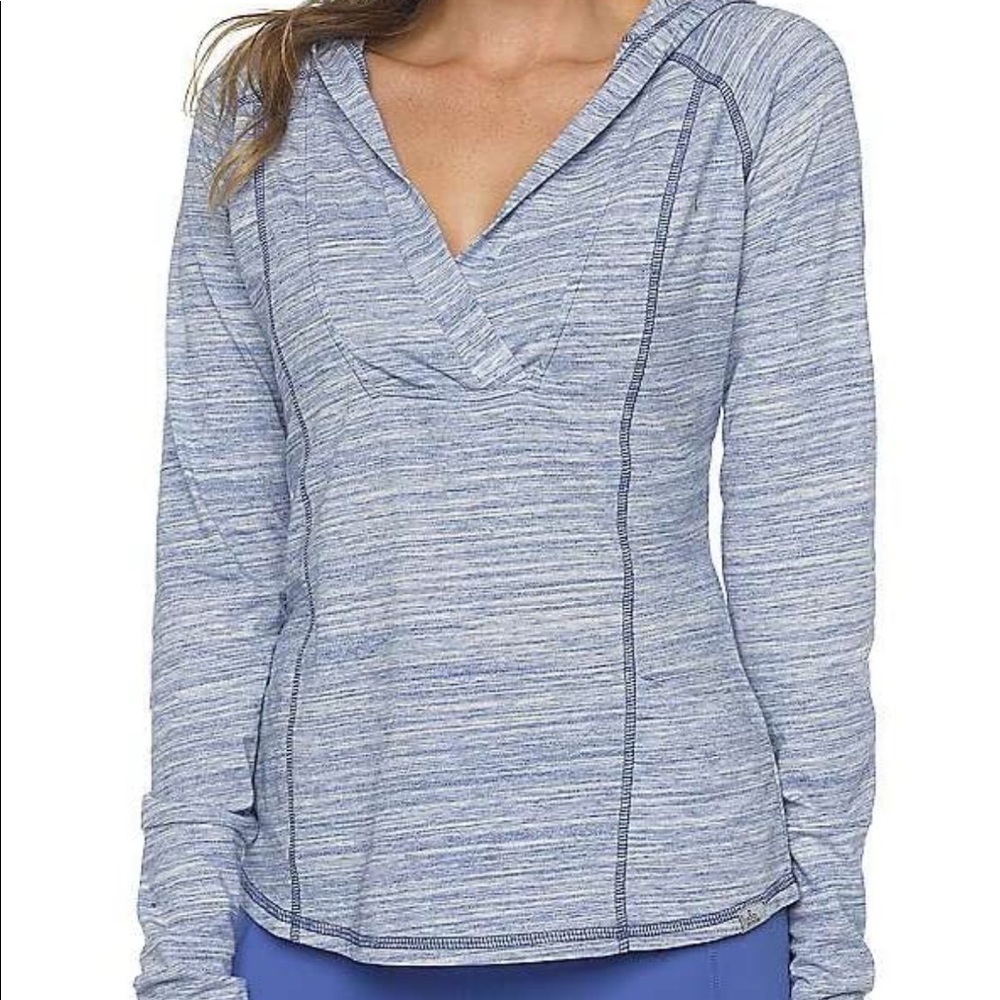 PrAna Living Demi Hooded Athletic Top Heathered Blue Jay Size XS Thumbholes EUC